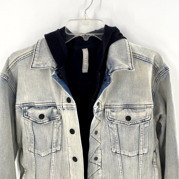 Athleta Double Time Denim Jacket Hooded Vest Combo Womens Sz S Acid Wash/Black - Picture 10 of 16